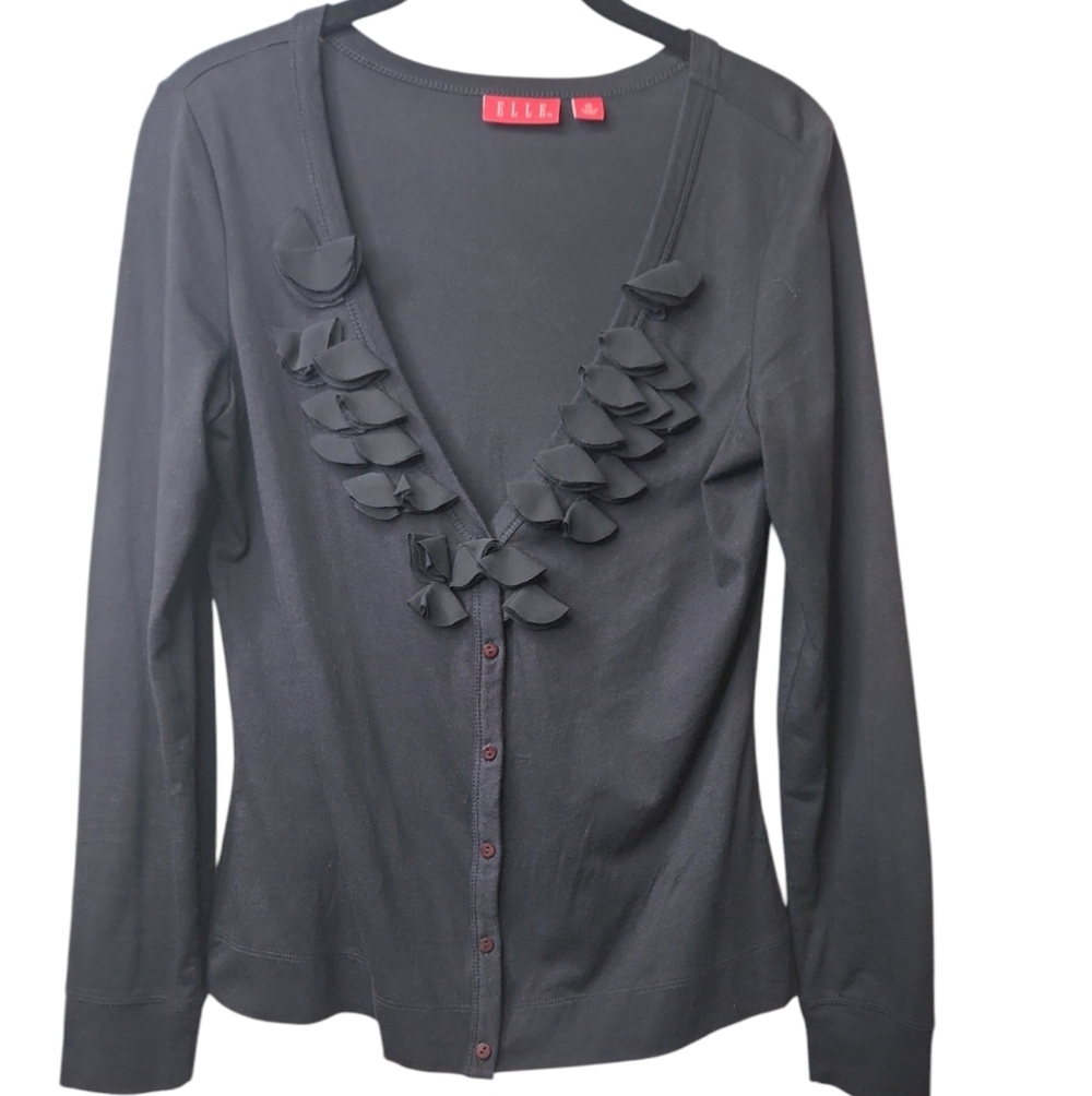 ELLE Women's Black Button Front V-Neck Rose Bud Detail Cardigan Sweater Size XS